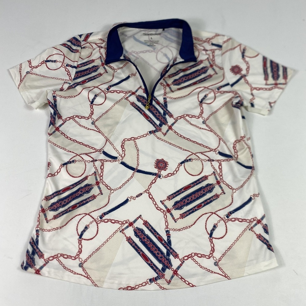 SanSoleil Polo Shirt Womens Large White Chain Print Quarter Zip UPF 50 Golf Top